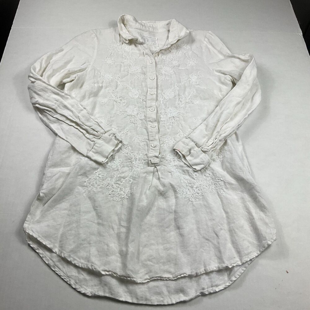 Wallmann Tunic Top White Linen Embroidered Boho S/M Long Sleeve Cottagecore FLAW